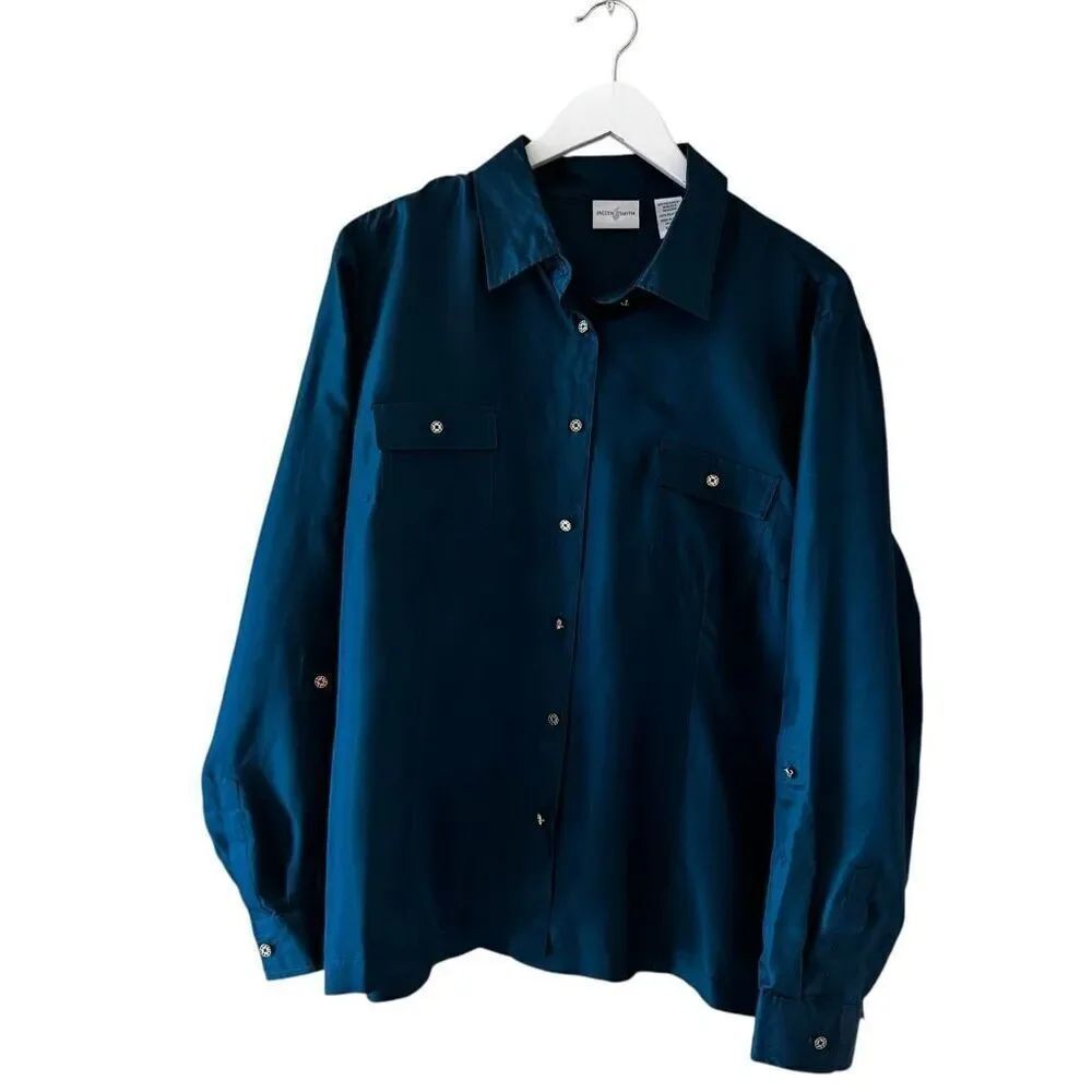 Jaclyn Smith Aqua Teal Green Long  Sleeve Button Down Silk l SZ L #2422